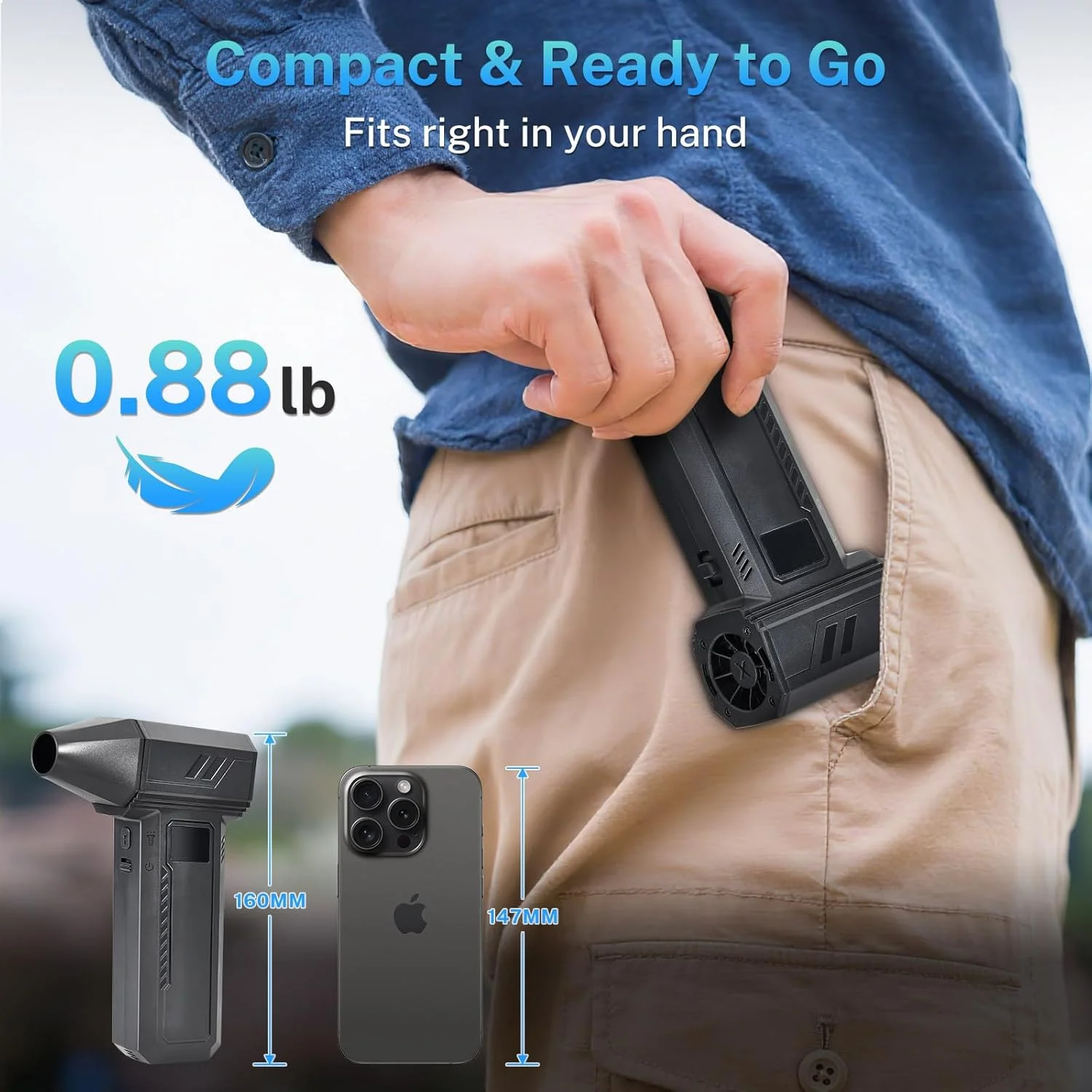 دمنده هوای فشرده و جاروبرقی برقی 2 در 1 پاسون - دمنده هوای پرقدرت 130000 دور در دقیقه با چراغ LED، تمیز کننده صفحه کلید قابل شارژ 100 دنده برای کامپیوتر، لپ تاپ، خانه، ماشین - مشکی