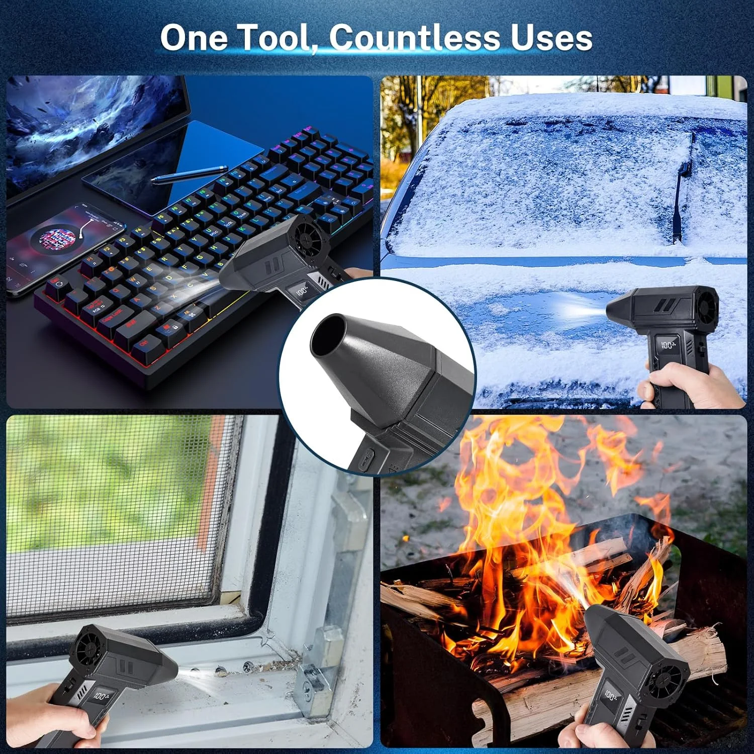 دمنده هوای فشرده و جاروبرقی برقی 2 در 1 پاسون - دمنده هوای پرقدرت 130000 دور در دقیقه با چراغ LED، تمیز کننده صفحه کلید قابل شارژ 100 دنده برای کامپیوتر، لپ تاپ، خانه، ماشین - مشکی