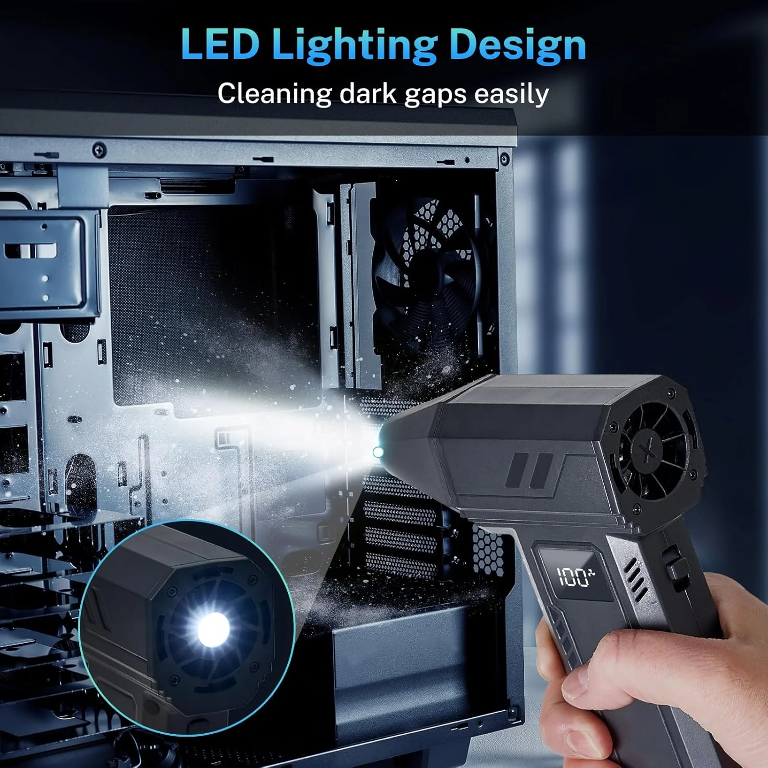 دمنده هوای فشرده و جاروبرقی برقی 2 در 1 پاسون - دمنده هوای پرقدرت 130000 دور در دقیقه با چراغ LED، تمیز کننده صفحه کلید قابل شارژ 100 دنده برای کامپیوتر، لپ تاپ، خانه، ماشین - مشکی