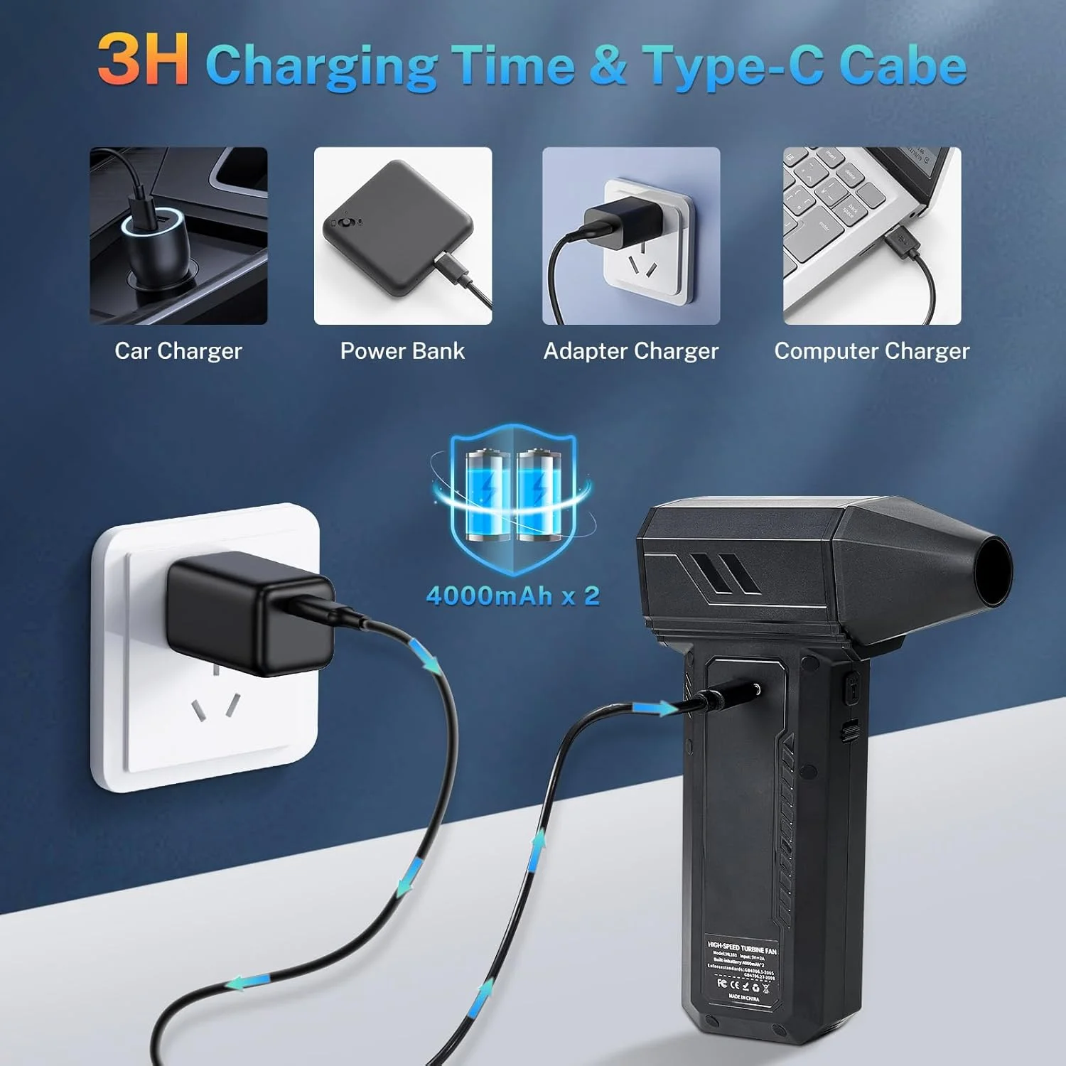 دمنده هوای فشرده و جاروبرقی برقی 2 در 1 پاسون - دمنده هوای پرقدرت 130000 دور در دقیقه با چراغ LED، تمیز کننده صفحه کلید قابل شارژ 100 دنده برای کامپیوتر، لپ تاپ، خانه، ماشین - مشکی