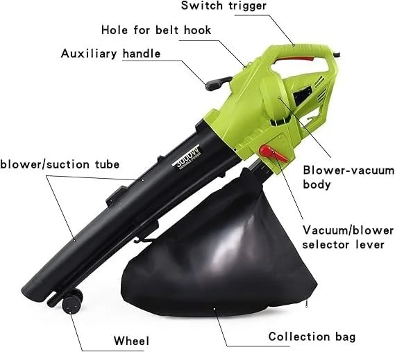 دستگاه دمنده برگ، جاروبرقی باغ و خردکن 3 در 1 با کیسه جمع آوری بزرگ، کابل 0.35 متری، سبز