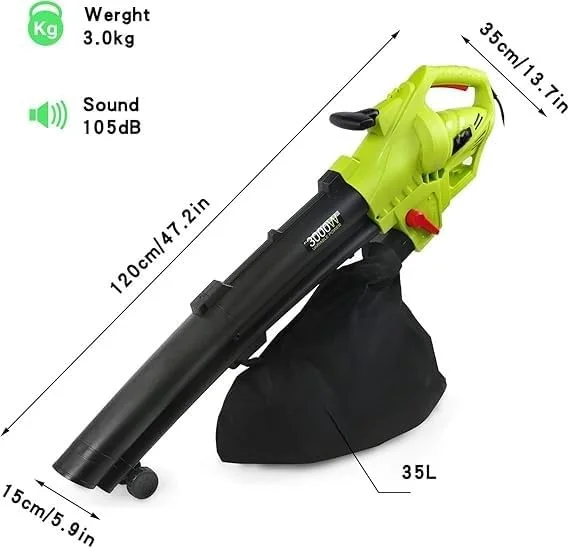 دستگاه دمنده برگ، جاروبرقی باغ و خردکن 3 در 1 با کیسه جمع آوری بزرگ، کابل 20 متری، سبز