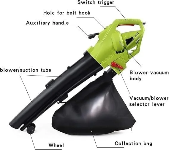 دستگاه دمنده برگ 3000 وات جنریک 3 در 1، جاروبرقی برگ های باغ، پشتیبانی از خرد کردن برگ ها و دارای کیسه جمع آوری بزرگ (سبز)