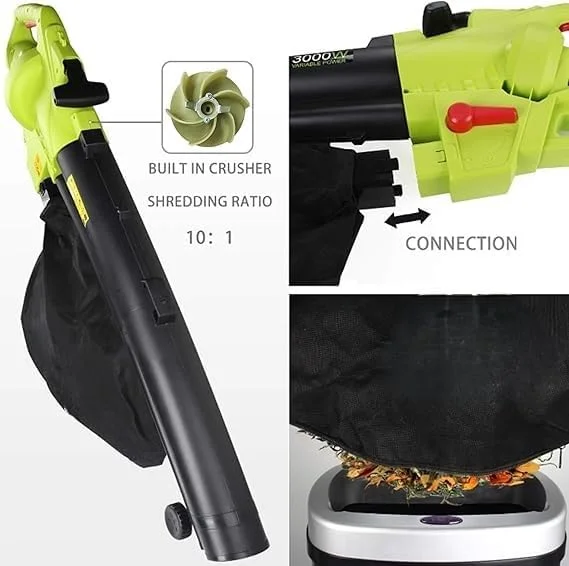 دستگاه دمنده برگ، جاروبرقی باغ و خردکن 3 در 1 با کیسه جمع آوری بزرگ، کابل 20 متری، سبز