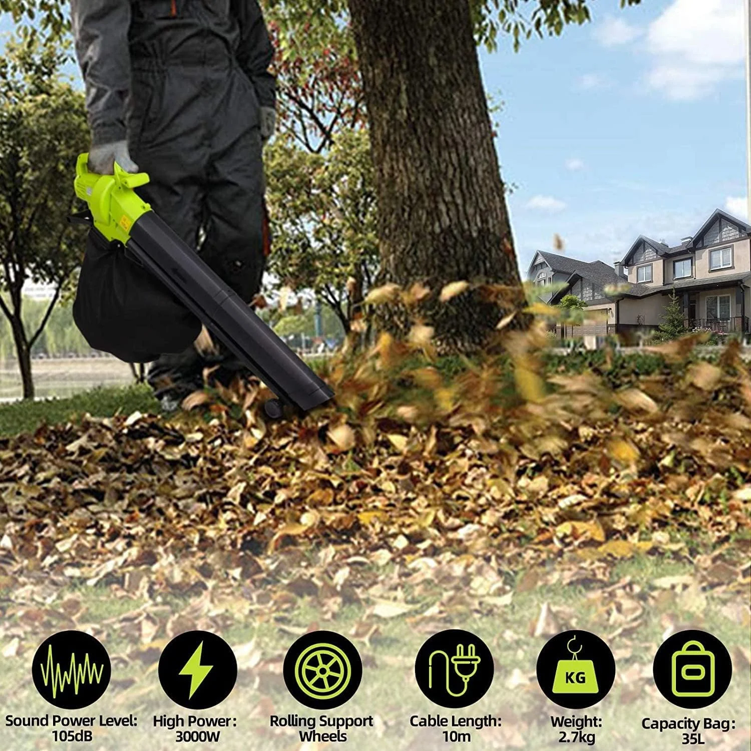 دمنده و مکنده برگ، 3000 وات 3 در 1 برقی باغی دمنده/مکنده برگ خردکن با چرخ، کیسه جمع آوری بزرگ 35 لیتری بند حمل، طراحی سبک وزن قابل حمل - نسبت خرد کردن 10:1، کابل 10 متری دمنده و مکنده برگ، 3000 وات 3 در 1 برقی باغی دمنده/مکنده برگ خردکن با چرخ، کیسه جمع آوری بزرگ 35 لیتری بند حمل، طراحی سبک وزن قابل حمل - نسبت خرد کردن 10:1، کابل 10 متری