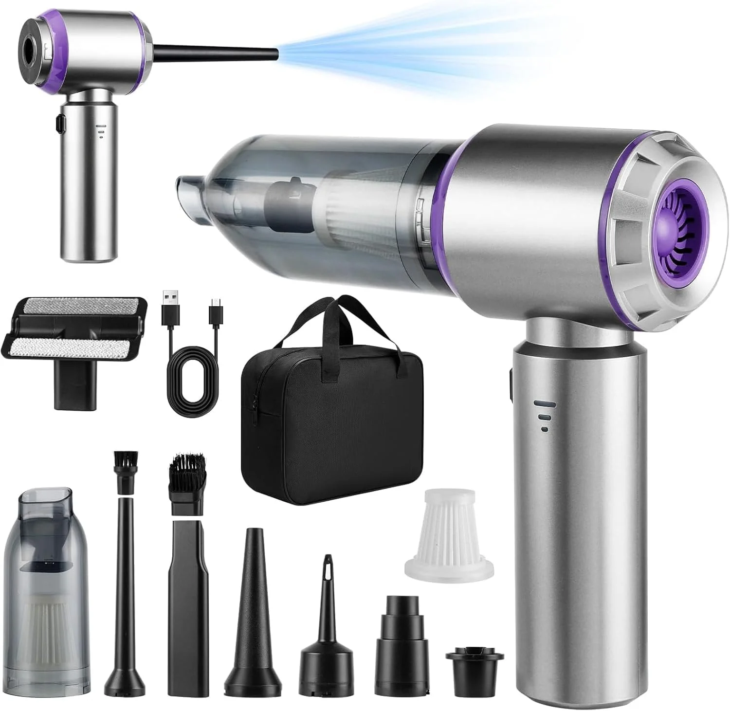 جاروبرقی کوچک و پرقدرت 21000Pa بی سیم قابل حمل برای خانه و ماشین، جاروبرقی ماشین 4 در 1 بدون سیم با موتور براشلس، دمنده هوا، جاروبرقی دستی بدون سیم، تنظیم 3 حالت (خاکستری-بنفش)