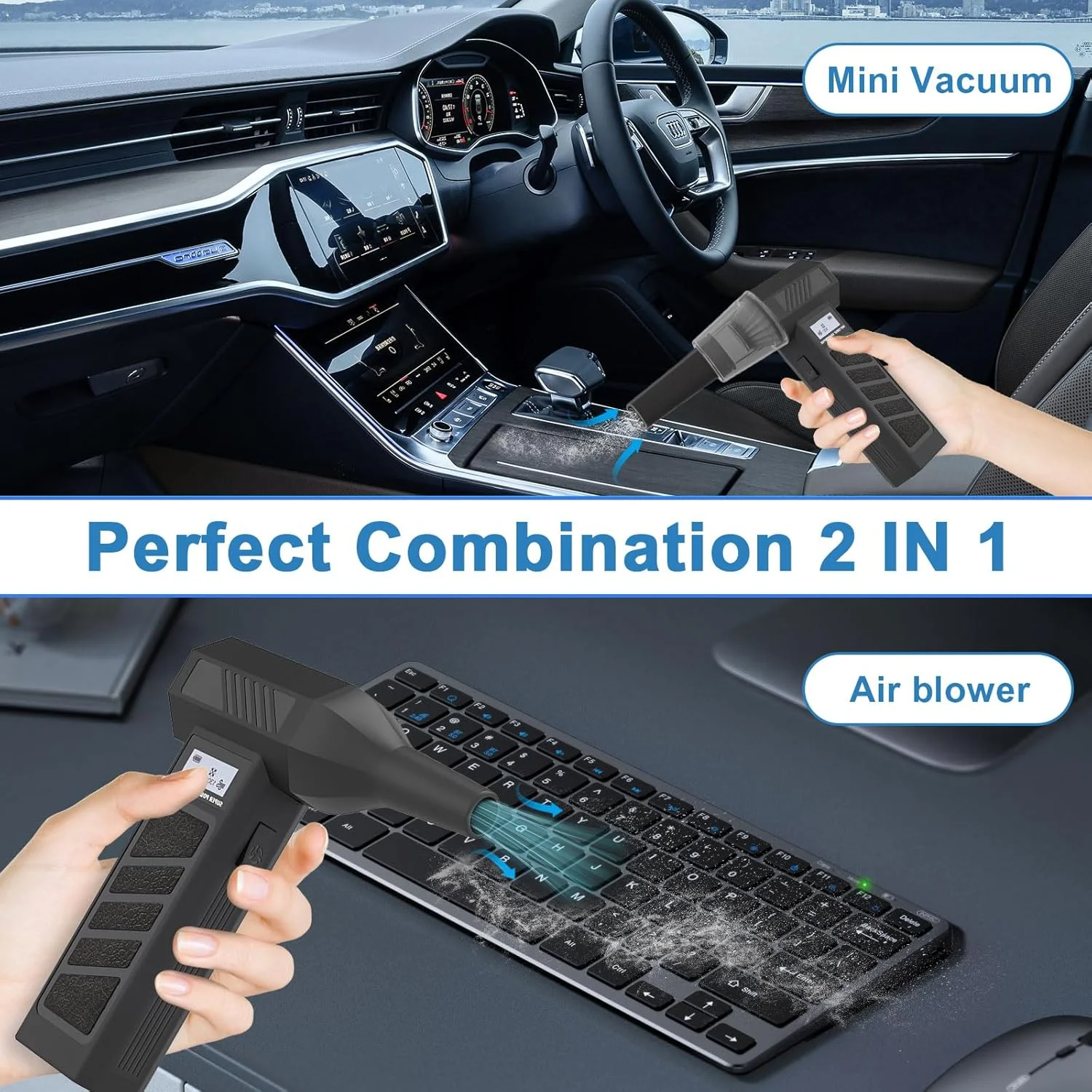 دمنده هوای برقی و جاروبرقی کامپیوتر Begally مدل 2 در 1، دمنده خشک کننده جت 130000 دور در دقیقه، دمنده دستی بی سیم قابل حمل برای صفحه کلید کامپیوتر، تمیز کردن خودرو (مشکی-B)