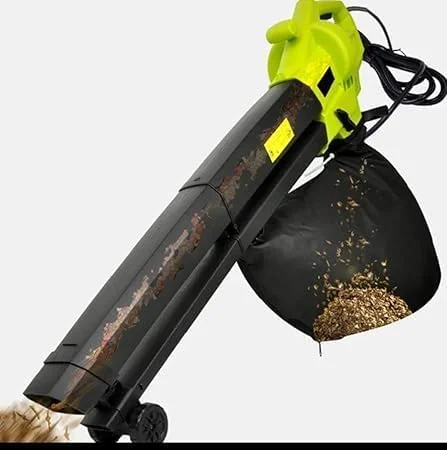 دمنده، مکنده و خردکن برقی برگ 3 در 1 برای تمیز کردن باغ و چمن، دارای کیسه جمع آوری 35 لیتری و غلتک، تنظیم سرعت 6 سرعته، سبز، کابل 0.35 متری