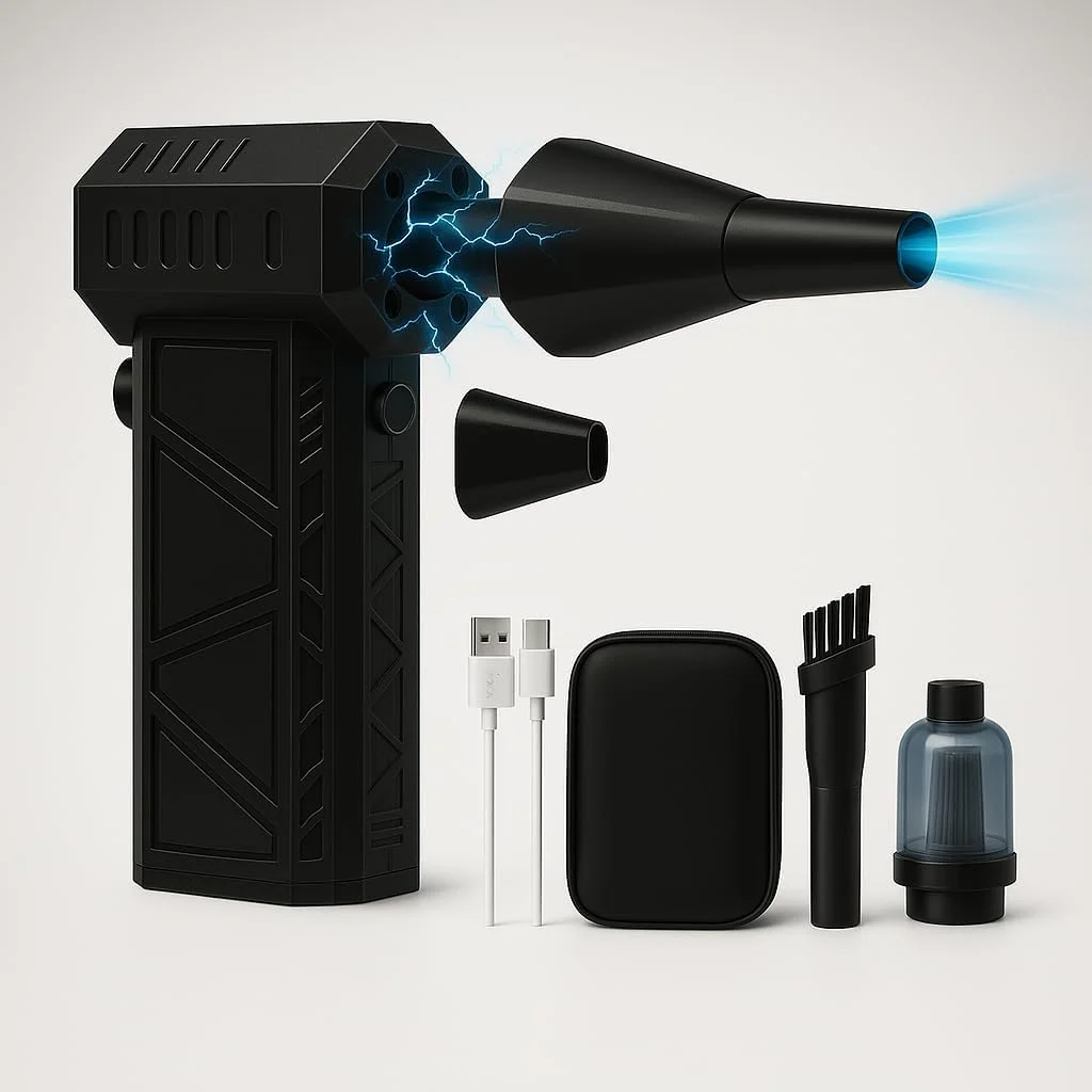 فن توربو قابل حمل Caboose™ به همراه کیت جاروبرقی - فن دمنده 140,000 دور در دقیقه، باتری 8000 میلی آمپر ساعت، سرعت قابل تنظیم، فن دمنده کوچک و فن BBQ - جاروبرقی قدرتمند برای اتومبیل، کامپیوتر، شارژ سریع Type-C