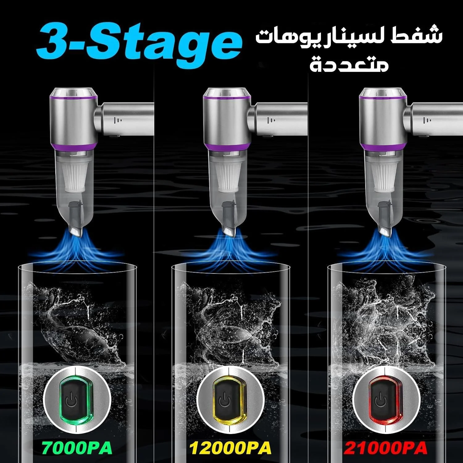 جاروبرقی کوچک و پرقدرت 21000Pa بی سیم قابل حمل برای خانه و ماشین، جاروبرقی ماشین 4 در 1 بدون سیم با موتور براشلس، دمنده هوا، جاروبرقی دستی بدون سیم، تنظیم 3 حالت (خاکستری-بنفش)