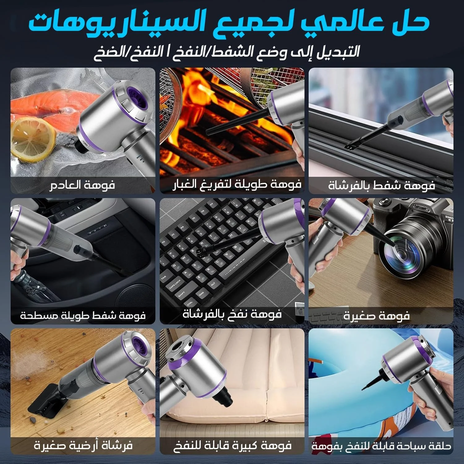 جاروبرقی کوچک و پرقدرت 21000Pa بی سیم قابل حمل برای خانه و ماشین، جاروبرقی ماشین 4 در 1 بدون سیم با موتور براشلس، دمنده هوا، جاروبرقی دستی بدون سیم، تنظیم 3 حالت (خاکستری-بنفش)