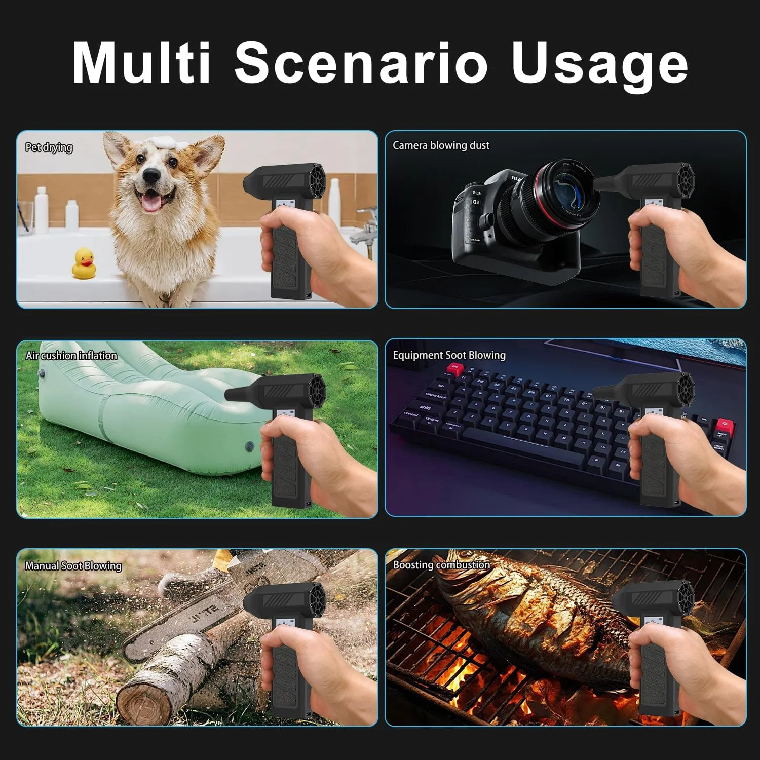 دمنده هوای برقی و جاروبرقی کامپیوتر Begally مدل 2 در 1، دمنده خشک کننده جت 130000 دور در دقیقه، دمنده دستی بی سیم قابل حمل برای صفحه کلید کامپیوتر، تمیز کردن خودرو (مشکی-B)