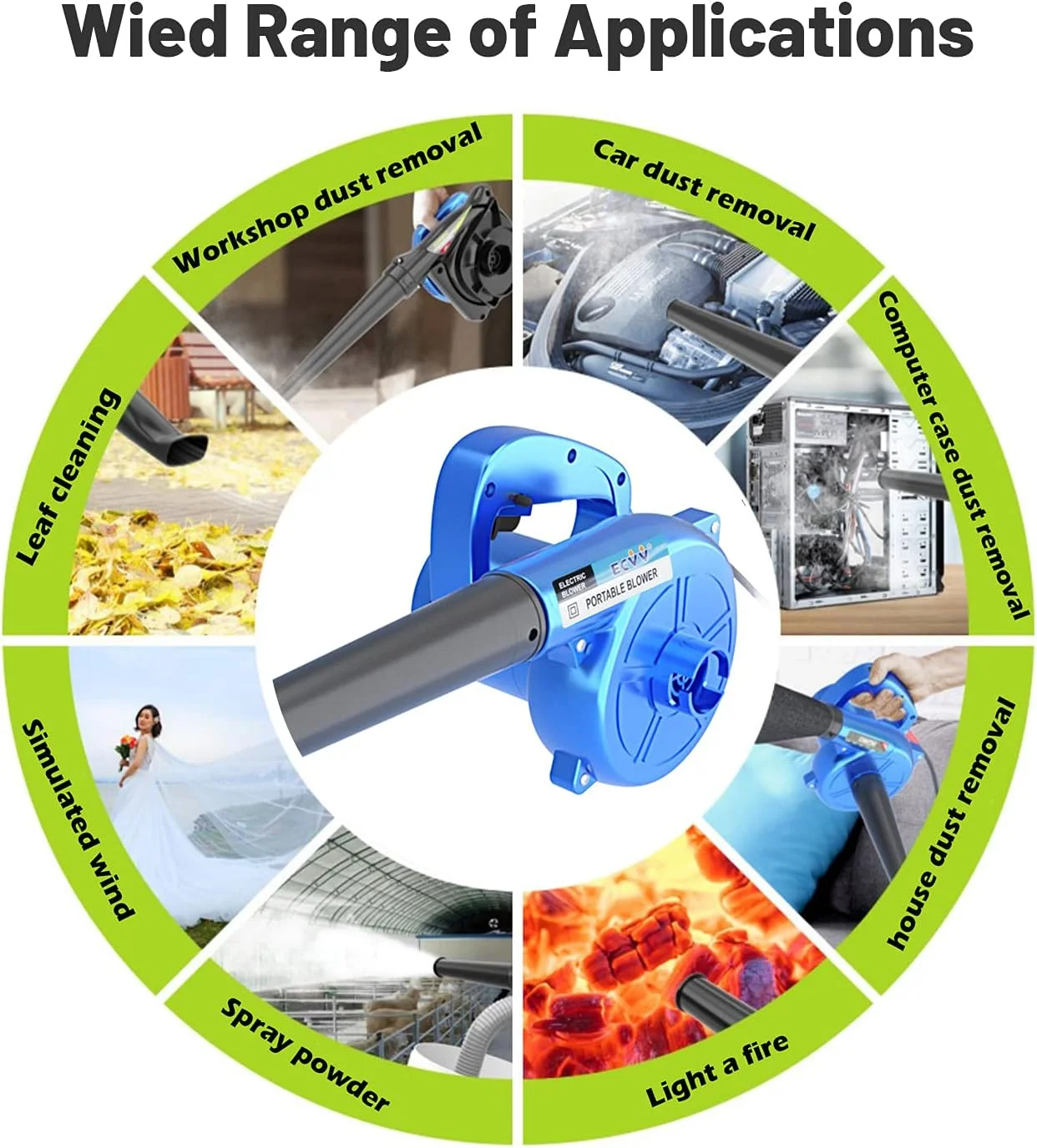 دمنده ECVV 750 وات 13000 دور در دقیقه، دمنده برقی سیم دار و جاروبرقی برگ با کیسه جمع آوری، تک سرعته برای خانه، باغ، گردگیری خودرو