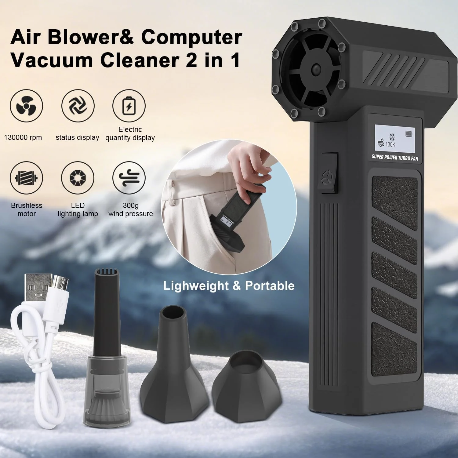 دمنده هوای برقی و جاروبرقی کامپیوتر Begally مدل 2 در 1، دمنده خشک کننده جت 130000 دور در دقیقه، دمنده دستی بی سیم قابل حمل برای صفحه کلید کامپیوتر، تمیز کردن خودرو (مشکی-B)