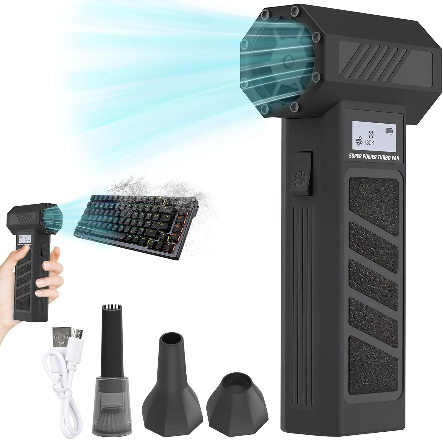 دمنده هوای برقی و جاروبرقی کامپیوتر Begally مدل 2 در 1، دمنده خشک کننده جت 130000 دور در دقیقه، دمنده دستی بی سیم قابل حمل برای صفحه کلید کامپیوتر، تمیز کردن خودرو (مشکی-B)