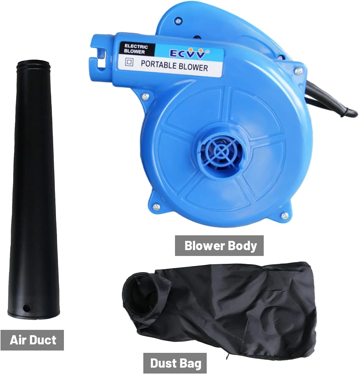 دمنده ECVV 750 وات 13000 دور در دقیقه، دمنده برقی سیم دار و جاروبرقی برگ با کیسه جمع آوری، تک سرعته برای خانه، باغ، گردگیری خودرو