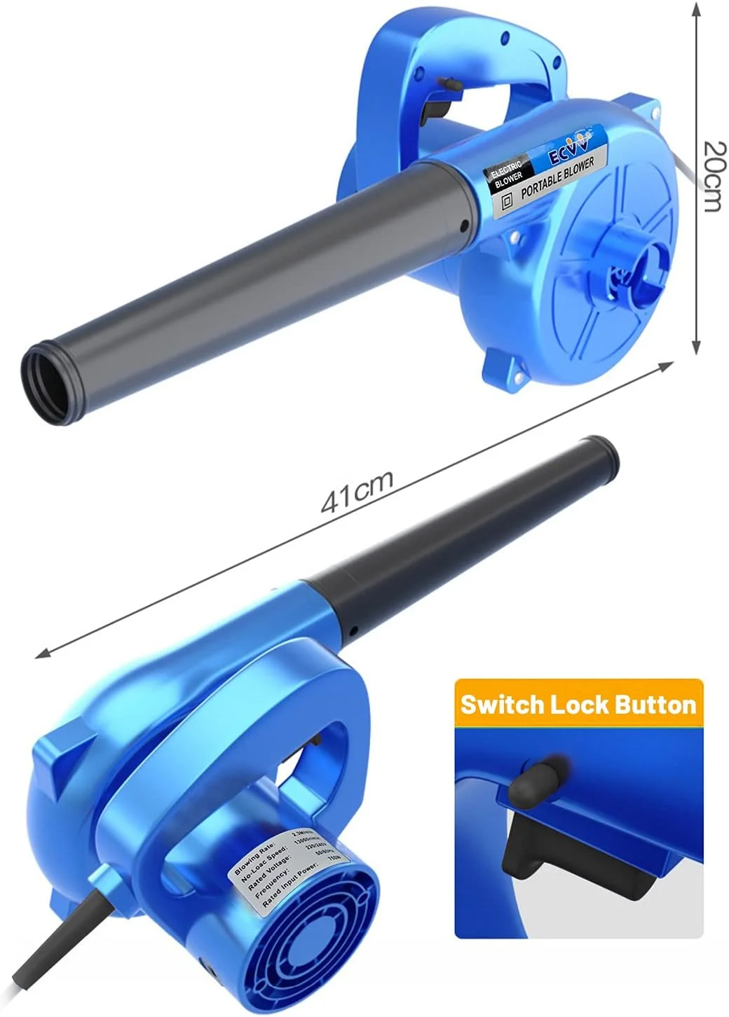 دمنده ECVV 750 وات 13000 دور در دقیقه، دمنده برقی سیم دار و جاروبرقی برگ با کیسه جمع آوری، تک سرعته برای خانه، باغ، گردگیری خودرو