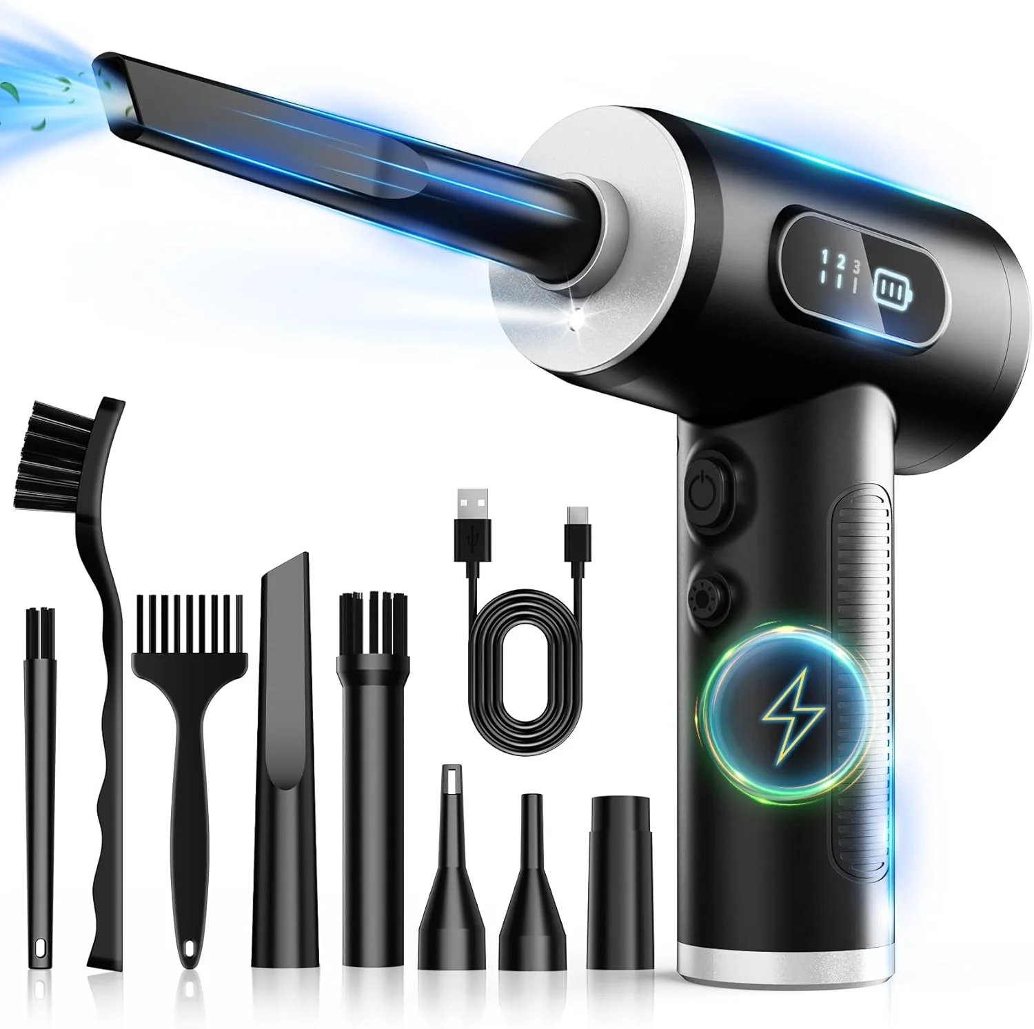 گردگیر هوای فشرده - گردگیر هوای الکتریکی 3 سرعته قابل تنظیم 100000 دور در دقیقه با چراغ LED، دمنده هوای بی سیم قابل شارژ برای تمیز کردن دستگاه های الکتریکی صفحه کلید. جایگزینی برای قوطی های هوای فشرده (مشکی)