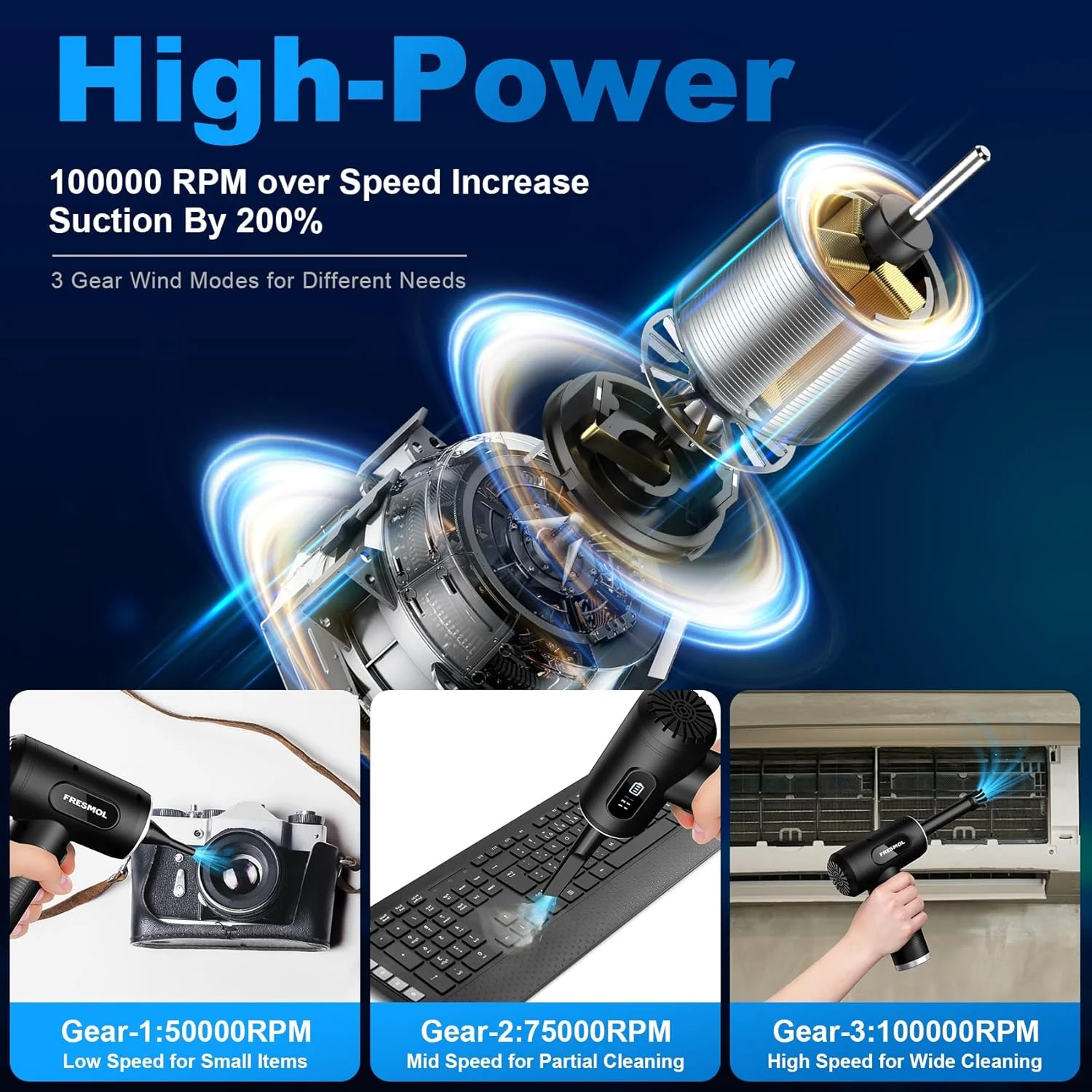 گردگیر هوای فشرده - گردگیر هوای الکتریکی 3 سرعته قابل تنظیم 100000 دور در دقیقه با چراغ LED، دمنده هوای بی سیم قابل شارژ برای تمیز کردن دستگاه های الکتریکی صفحه کلید. جایگزینی برای قوطی های هوای فشرده (مشکی)