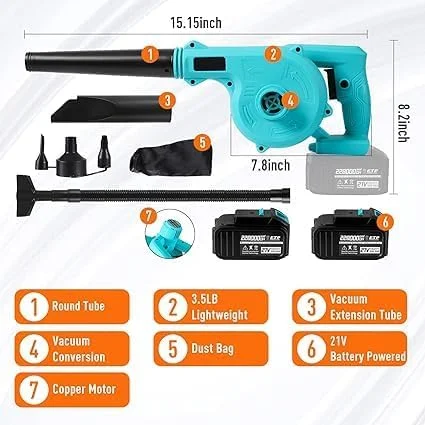 دمنده برگ بی سیم، دمنده و مکنده کوچک برقی 2 در 1 با 2 عدد باتری 21 ولت و شارژر، دمنده هوای دستی با موتور براشلس برای مراقبت از چمن، دمیدن گرد و غبار، گوشه های صعب العبور