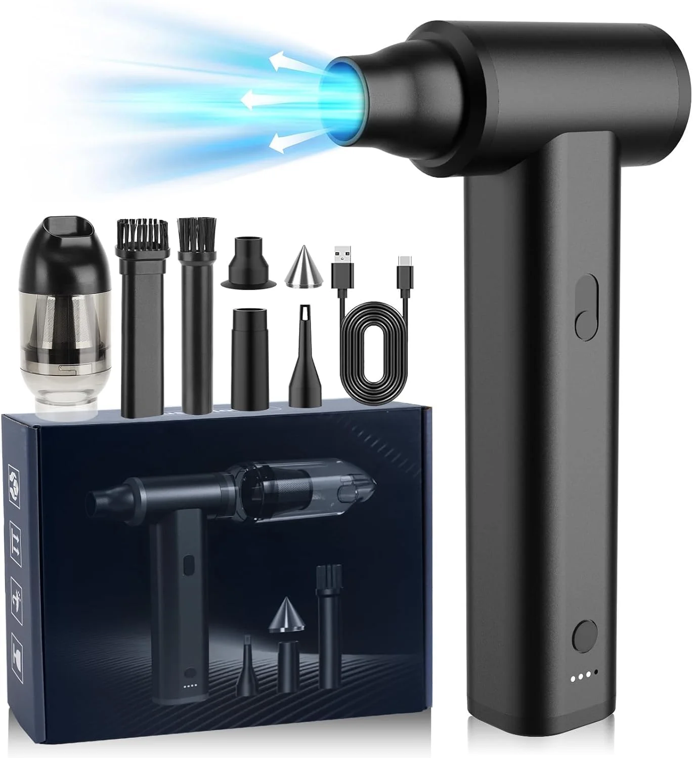 گردگیر هوای فشرده ddLUCK، فلزی کامل با سرعت واقعی 130000 دور در دقیقه، دمنده هوای خشک جت شارژی بی سیم 8000 میلی آمپر ساعتی، فن توربو قابل تنظیم 7 در 1 قابل حمل برای صفحه کلید، ماشین، خانه و مسافرت، مشکی