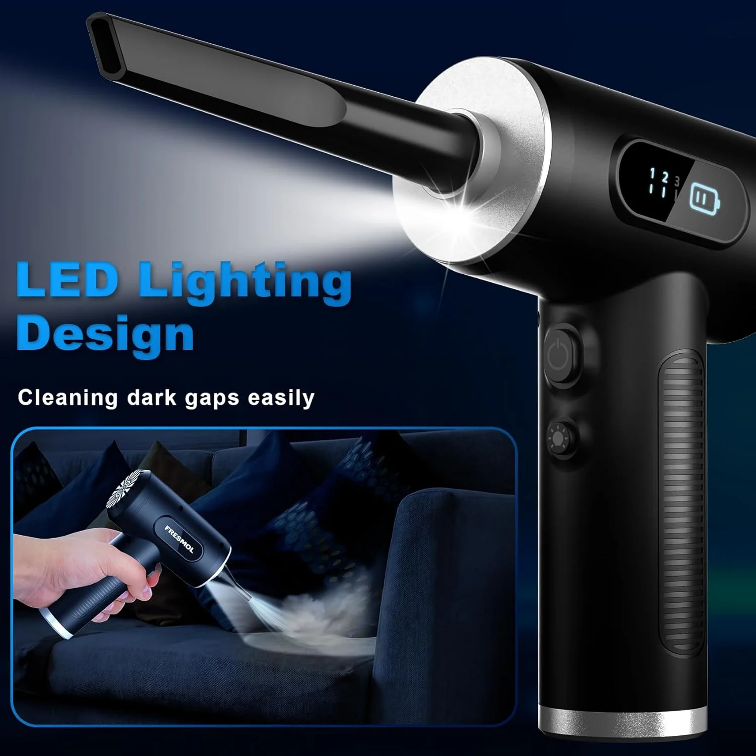 گردگیر هوای فشرده - گردگیر هوای الکتریکی 3 سرعته قابل تنظیم 100000 دور در دقیقه با چراغ LED، دمنده هوای بی سیم قابل شارژ برای تمیز کردن دستگاه های الکتریکی صفحه کلید. جایگزینی برای قوطی های هوای فشرده (مشکی)