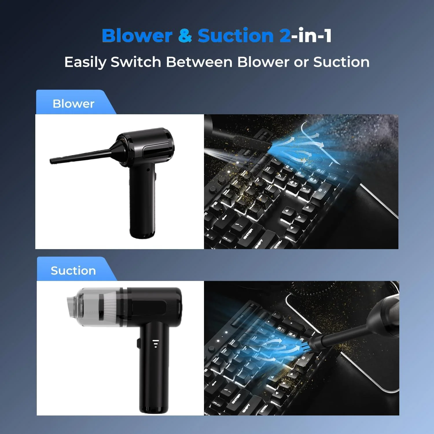 جاروبرقی خودرو ALABOX مدل 2 در 1، موتور براشلس دستی شارژی قابل حمل، جاروبرقی قابل شارژ 120000 دور در دقیقه، گردگیر هوا، کیت تمیز کننده خودرو، قدرت بالا برای خودرو، خانه، دفتر، صفحه کلید