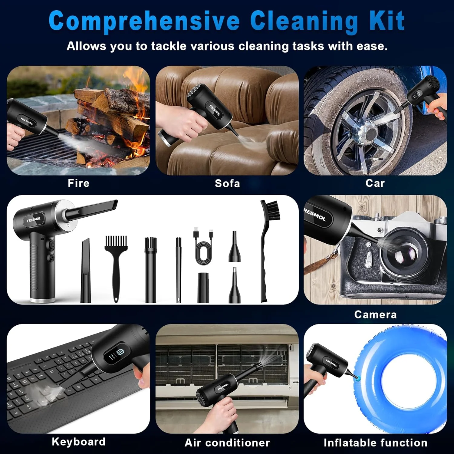 گردگیر هوای فشرده - گردگیر هوای الکتریکی 3 سرعته قابل تنظیم 100000 دور در دقیقه با چراغ LED، دمنده هوای بی سیم قابل شارژ برای تمیز کردن دستگاه های الکتریکی صفحه کلید. جایگزینی برای قوطی های هوای فشرده (مشکی)