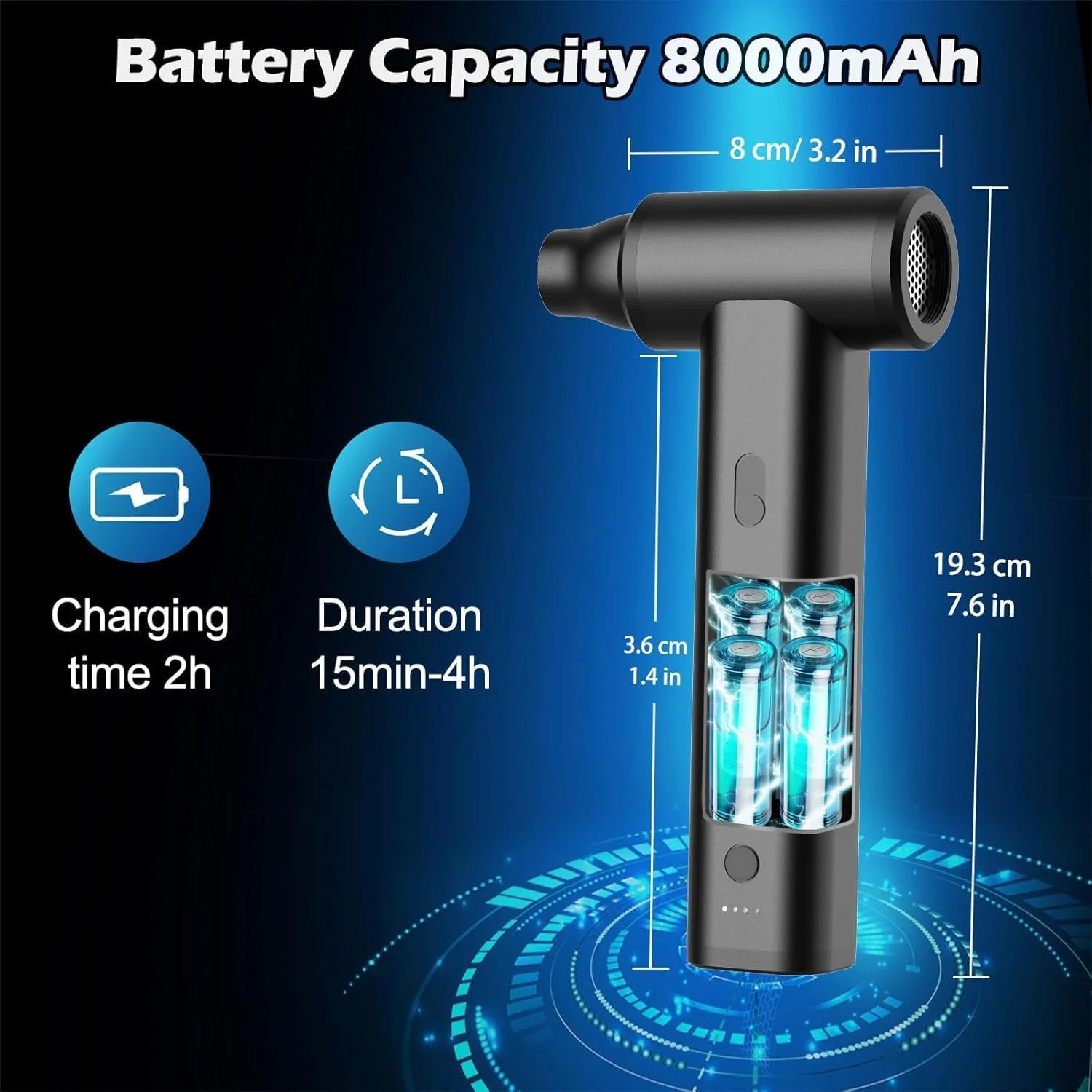 گردگیر هوای فشرده ddLUCK، فلزی کامل با سرعت واقعی 130000 دور در دقیقه، دمنده هوای خشک جت شارژی بی سیم 8000 میلی آمپر ساعتی، فن توربو قابل تنظیم 7 در 1 قابل حمل برای صفحه کلید، ماشین، خانه و مسافرت، مشکی