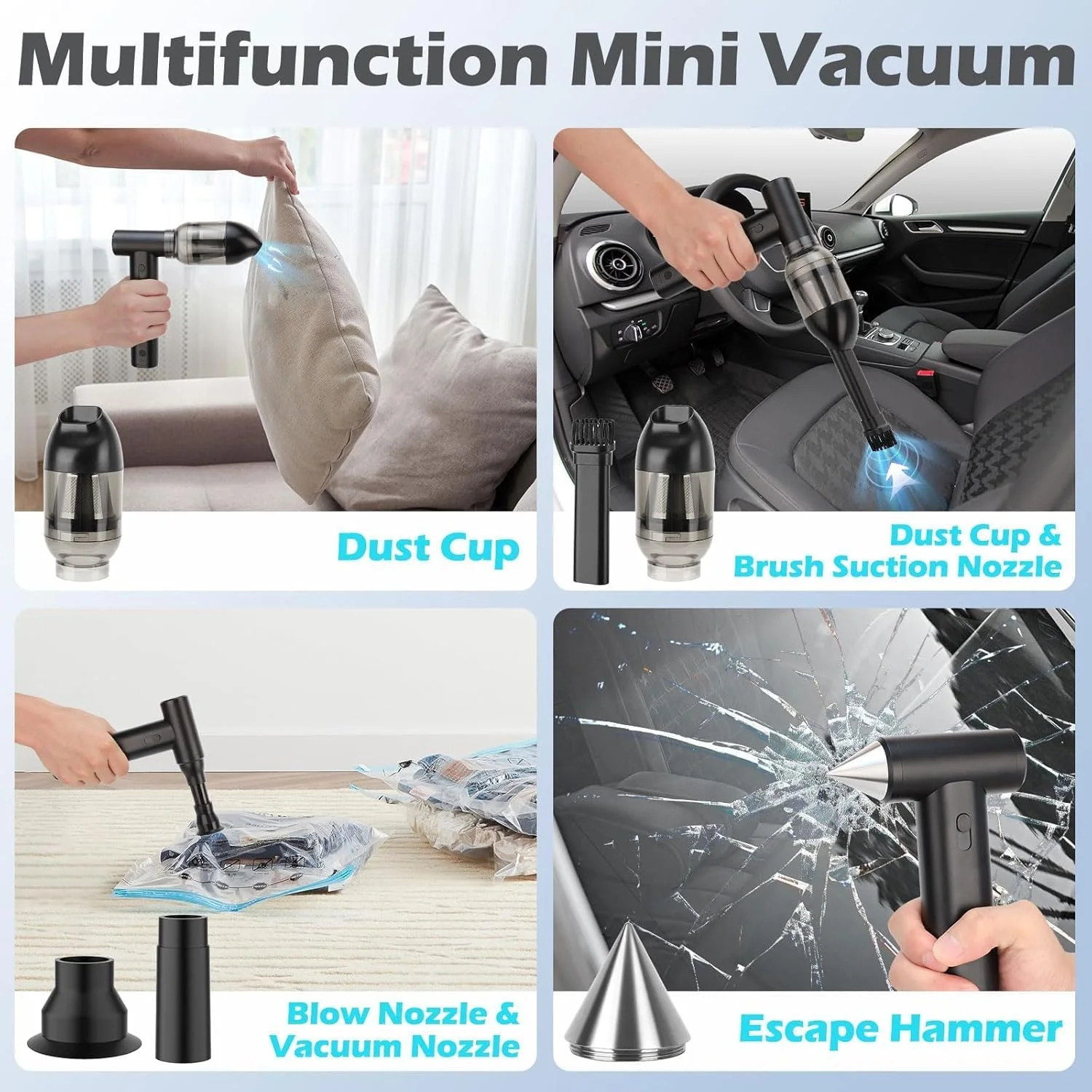 گردگیر هوای فشرده ddLUCK، فلزی کامل با سرعت واقعی 130000 دور در دقیقه، دمنده هوای خشک جت شارژی بی سیم 8000 میلی آمپر ساعتی، فن توربو قابل تنظیم 7 در 1 قابل حمل برای صفحه کلید، ماشین، خانه و مسافرت، مشکی