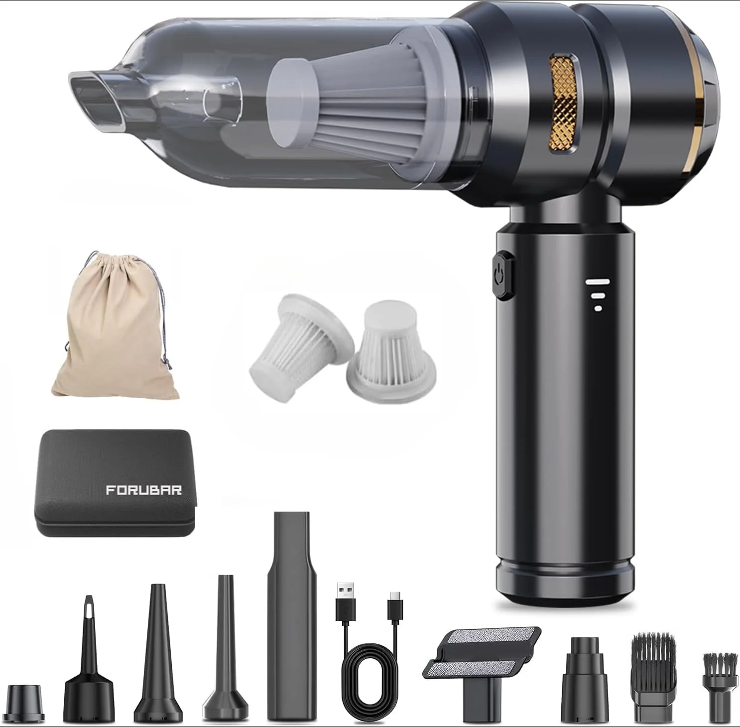 جاروبرقی خودرویی بی سیم 4 در 1 Forubar، جاروبرقی دستی قابل حمل 22000Pa با گردگیر و دمنده هوای فشرده، موتور بدون جاروبک، 3 سرعته، شارژ Type-C برای خودرو، خانه، دفتر، موی حیوانات خانگی (مشکی)