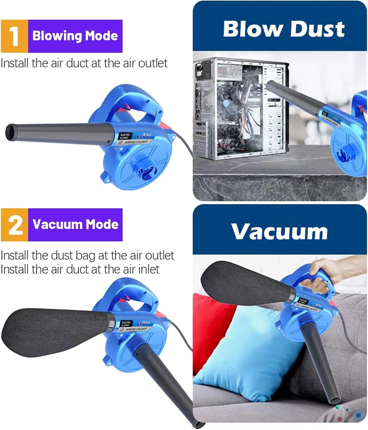 دمنده ECVV با سرعت 13000 دور در دقیقه، جاروبرقی برقی سیمی برای برگ با کیسه جمع آوری، تک سرعته برای خانه، باغ، گردگیری خودرو، آبی، 750 وات، EB0023