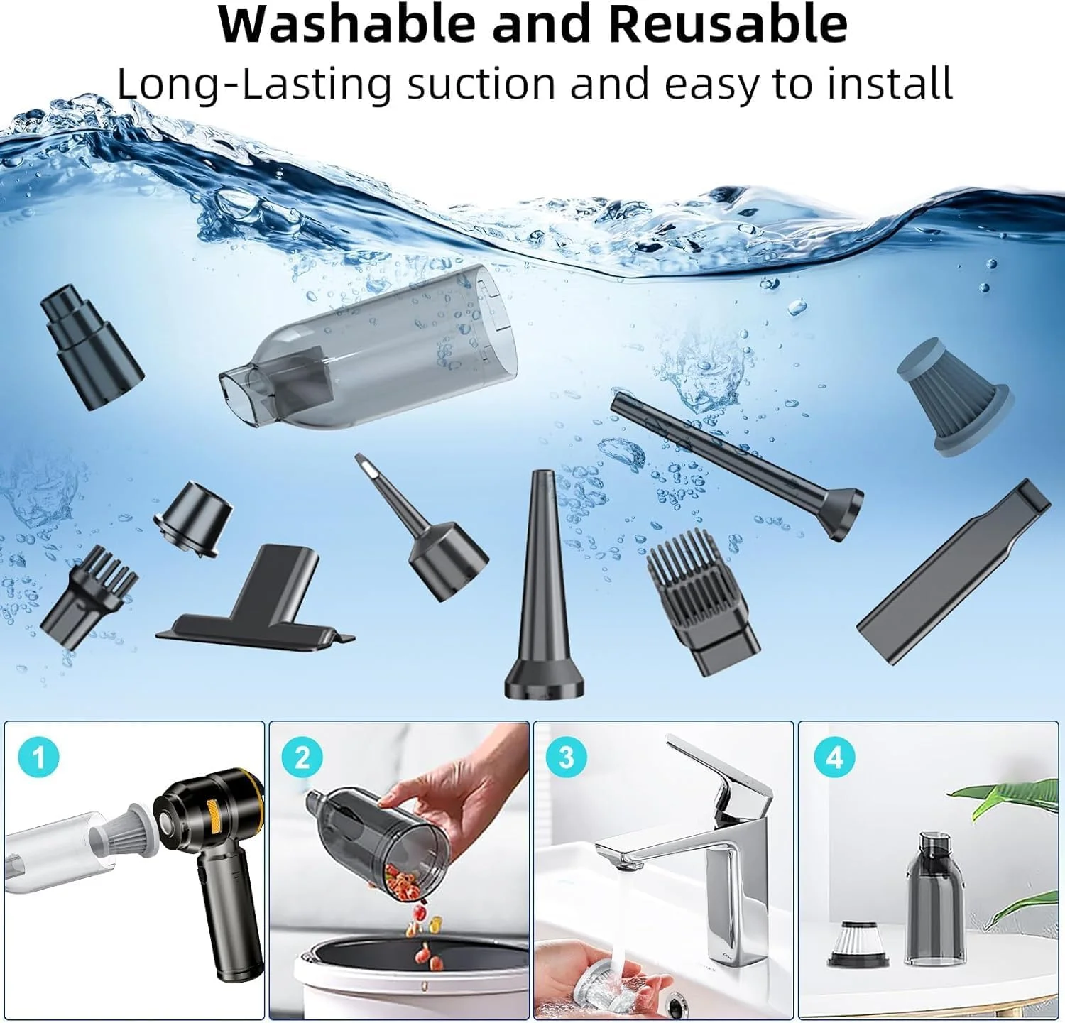 جاروبرقی خودرویی بی سیم 4 در 1 Forubar، جاروبرقی دستی قابل حمل 22000Pa با گردگیر و دمنده هوای فشرده، موتور بدون جاروبک، 3 سرعته، شارژ Type-C برای خودرو، خانه، دفتر، موی حیوانات خانگی (مشکی)