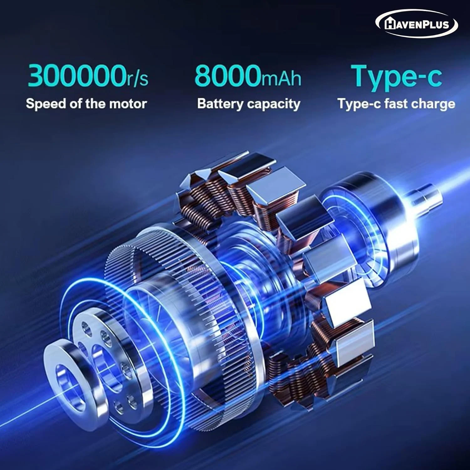 فن توربو HavenPlus همراه با کیت جاروبرقی - فن دمنده 140,000 دور در دقیقه، باتری 8000 میلی آمپر ساعتی، سرعت قابل تنظیم، فن دمنده کوچک و فن باربیکیو - جاروبرقی قدرتمند برای خودرو، کامپیوتر، شارژ سریع Type-C