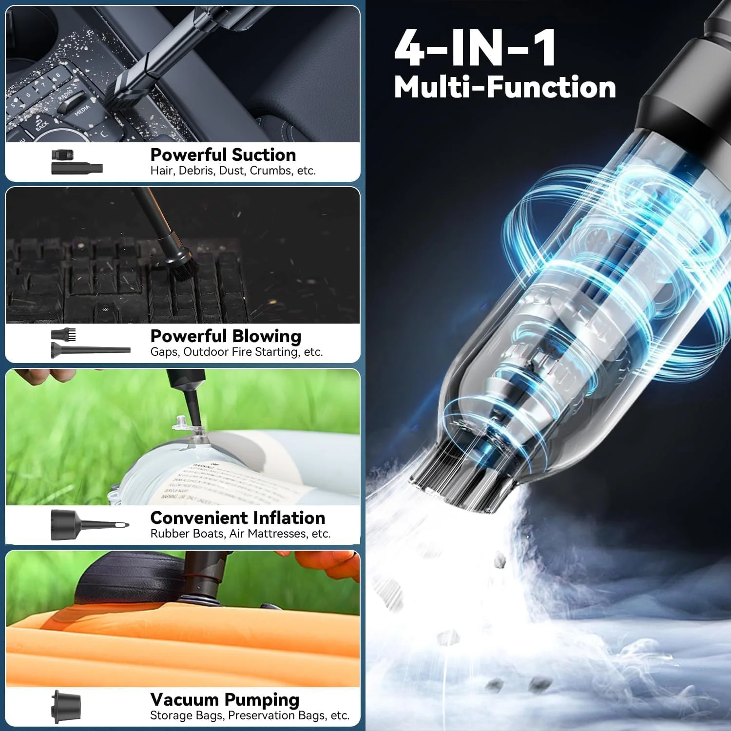 جاروبرقی خودرویی بی سیم 4 در 1 Forubar، جاروبرقی دستی قابل حمل 22000Pa با گردگیر و دمنده هوای فشرده، موتور بدون جاروبک، 3 سرعته، شارژ Type-C برای خودرو، خانه، دفتر، موی حیوانات خانگی (مشکی)