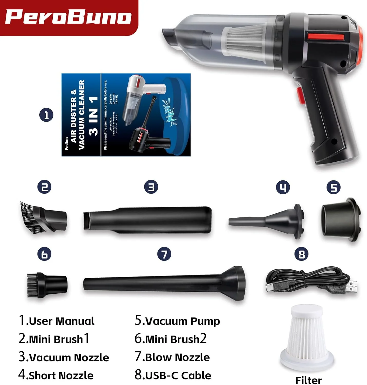 دَمنده هوای فشرده و مینی جاروبرقی کیبورد 3 در 1 PeroBuno، اسپری هوای کنسروی نسل جدید، قوطی هوای برقی قابل حمل، کیت تمیز کننده کامپیوتر دمنده بی سیم، مشکی پایه