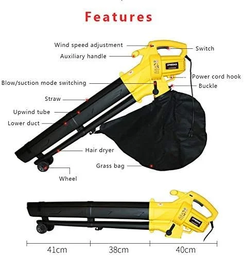 دمنده ZQKJLH با سیم/ دمنده و مکنده برگ / دمنده برگ 3 در 1، جاروبرقی باغی 3000 وات و دمنده برگ با کیسه جمع آوری 45 لیتری، نسبت خرد کردن 10:1 و سیم удлинительный 10 متری