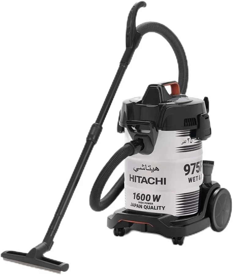 جاروبرقی سطلی آب و خاک هیتاچی، دمنده شن، عملکرد 3 در 1، بدنه استیل ضد زنگ، ظرفیت بزرگ 25 لیتری گرد و غبار، قدرت موتور 1600 وات، نشانگر گرد و غبار، ساخت تایلند، مدل CV975PWBKGAE-Inox