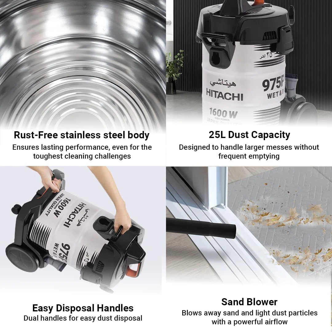 جاروبرقی سطلی آب و خاک هیتاچی، دمنده شن، عملکرد 3 در 1، بدنه استیل ضد زنگ، ظرفیت بزرگ 25 لیتری گرد و غبار، قدرت موتور 1600 وات، نشانگر گرد و غبار، ساخت تایلند، مدل CV975PWBKGAE-Inox جاروبرقی سطلی آب و خاک هیتاچی، دمنده شن، عملکرد 3 در 1، بدنه استیل ضد زنگ، ظرفیت بزرگ 25 لیتری گرد و غبار، قدرت موتور 1600 وات، نشانگر گرد و غبار، ساخت تایلند، مدل CV975PWBKGAE-Inox