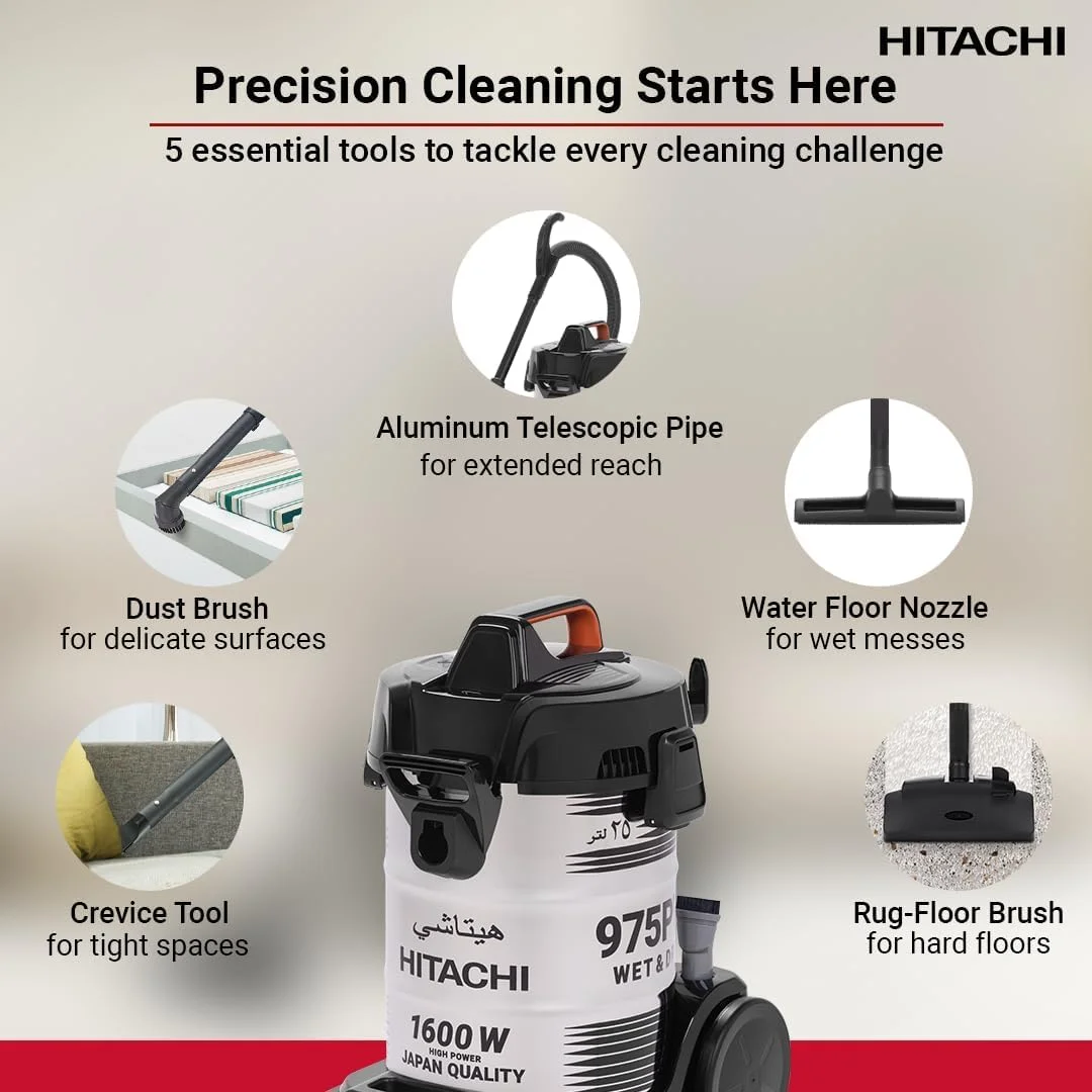 جاروبرقی سطلی آب و خاک هیتاچی، دمنده شن، عملکرد 3 در 1، بدنه استیل ضد زنگ، ظرفیت بزرگ 25 لیتری گرد و غبار، قدرت موتور 1600 وات، نشانگر گرد و غبار، ساخت تایلند، مدل CV975PWBKGAE-Inox جاروبرقی سطلی آب و خاک هیتاچی، دمنده شن، عملکرد 3 در 1، بدنه استیل ضد زنگ، ظرفیت بزرگ 25 لیتری گرد و غبار، قدرت موتور 1600 وات، نشانگر گرد و غبار، ساخت تایلند، مدل CV975PWBKGAE-Inox