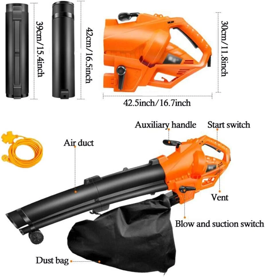 دستگاه دمنده، مکنده و خردکن برقی برگ 3 در 1 مناسب برای تمیز کردن چمن باغ، دارای کیسه جمع آوری 35 لیتری و چرخ، تنظیم سرعت 6 حالته، نارنجی
