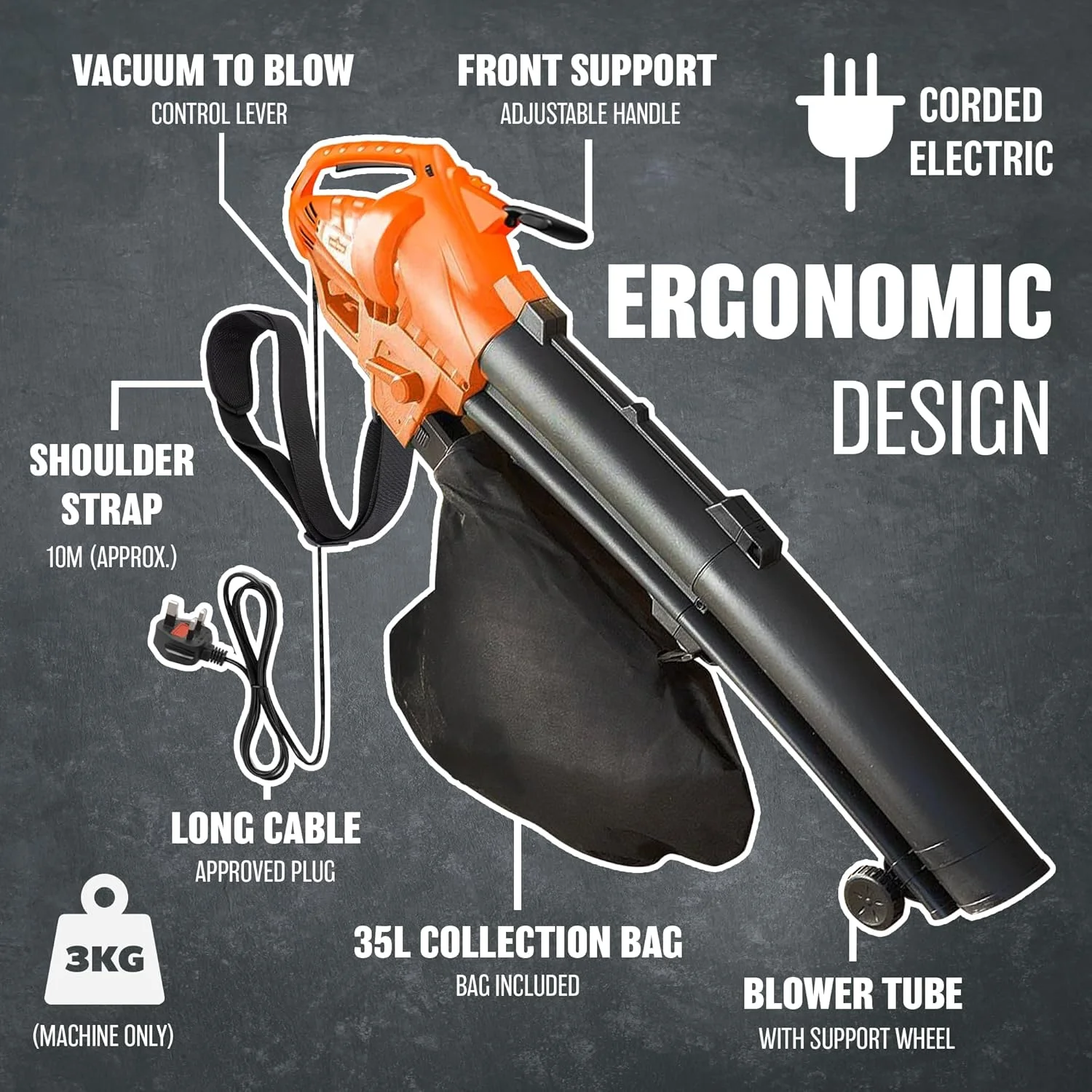 دمنده، مکنده و خردکن برگ و چمن برقی 3200 وات جدید BARGAINS-GALORE، مناسب باغبانی و محوطه سازی