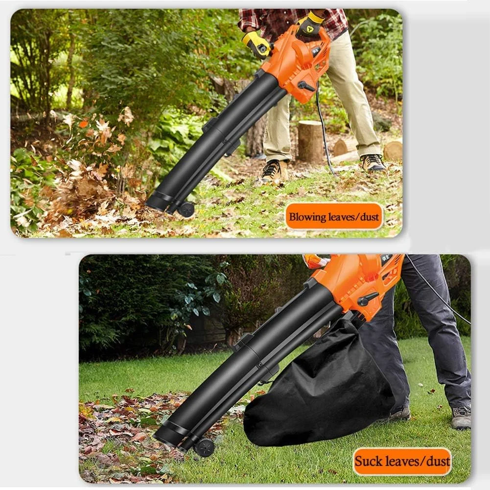 دستگاه دمنده، مکنده و خردکن برقی برگ 3 در 1 مناسب برای تمیز کردن چمن باغ، دارای کیسه جمع آوری 35 لیتری و چرخ، تنظیم سرعت 6 حالته، نارنجی
