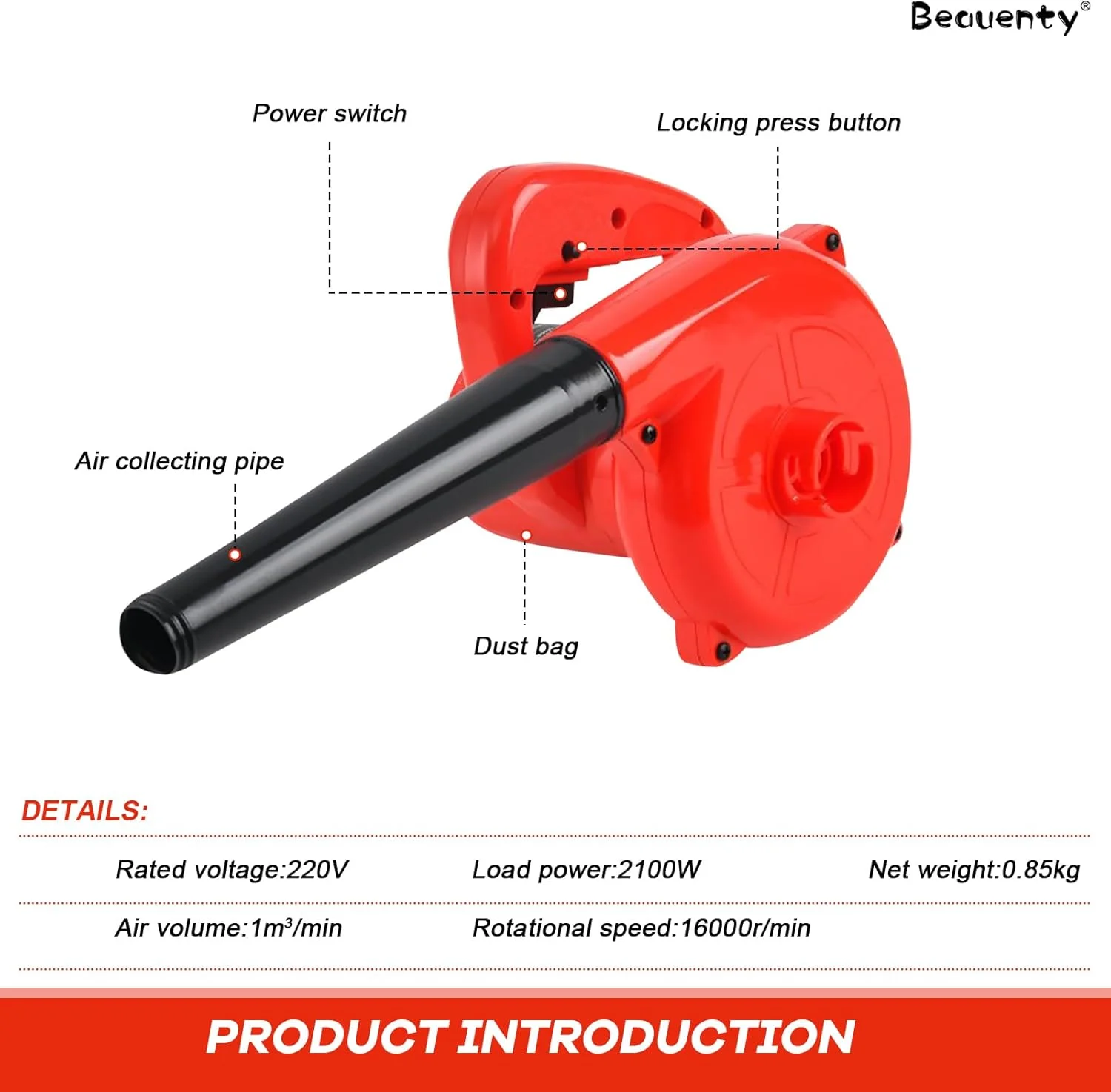 دمنده برگ Beauenty، سرعت قابل تنظیم و جاروبرقی قابل حمل با کیسه جمع آوری گرد و غبار، دمنده برقی چند منظوره برای مصارف خانگی یا کارخانه ها (سرعت ثابت)