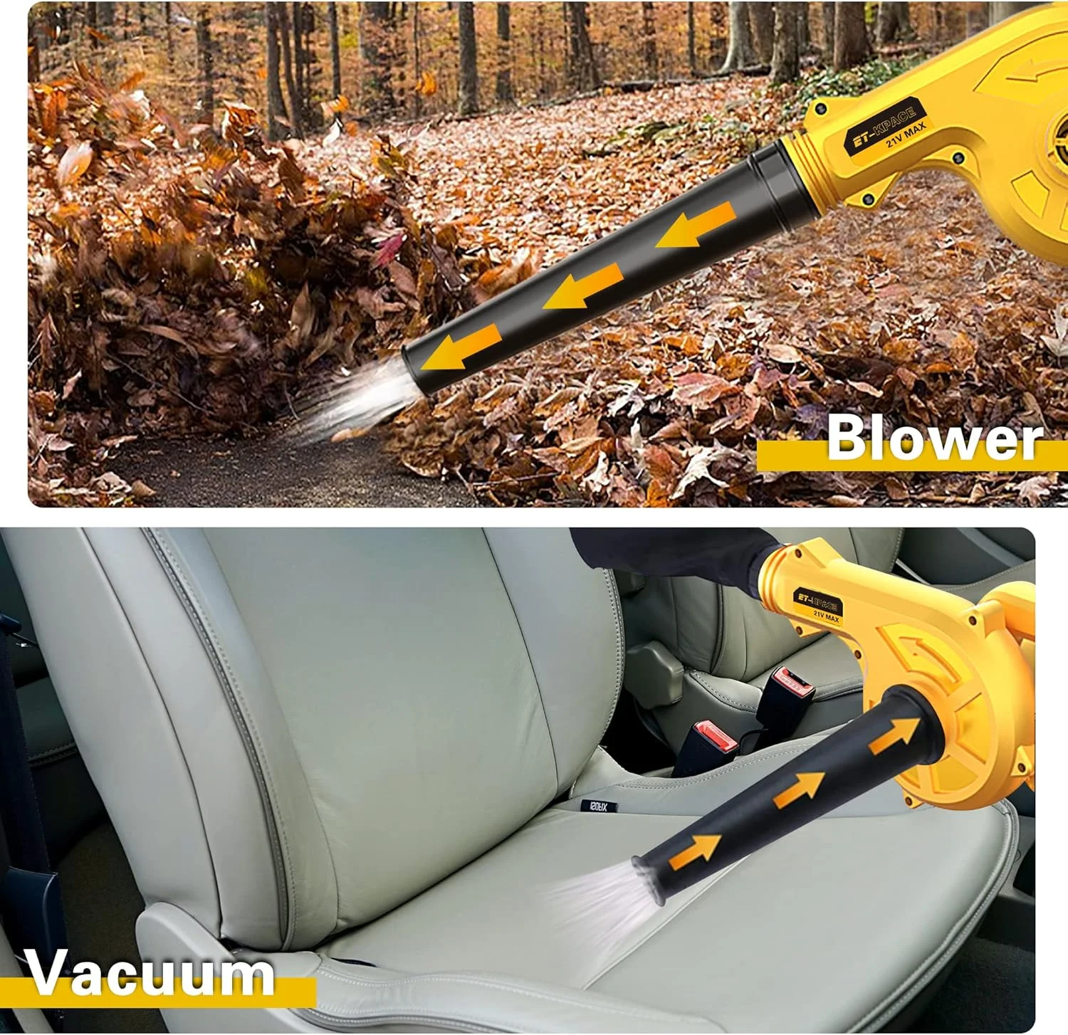 دمنده برگ بی سیم KINGPKE با باتری و شارژر، دمنده برگ برقی 21 ولت 4.0 آمپر ساعتی، دمنده و مکنده کوچک قابل حمل 2 در 1 برای مراقبت از چمن، دمیدن گرد و غبار/برف (زرد)