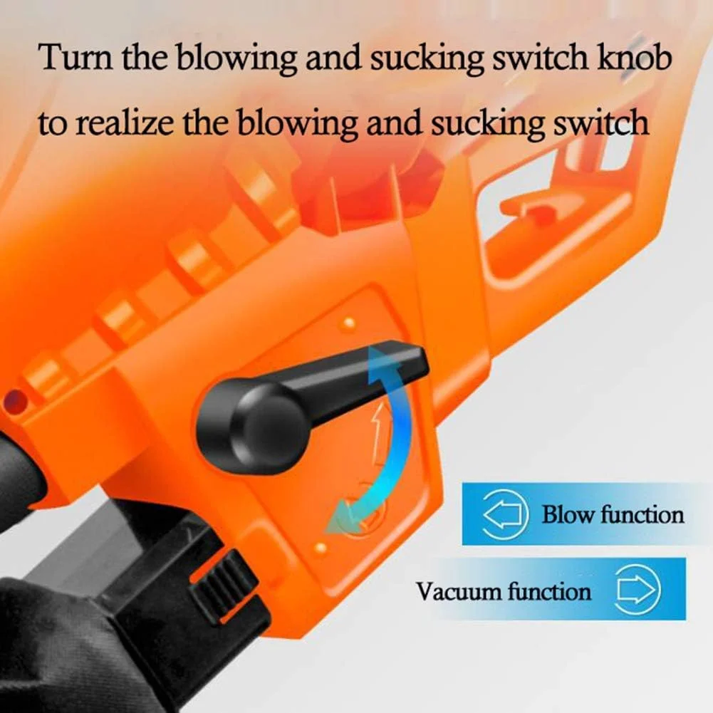 دستگاه دمنده، مکنده و خردکن برقی برگ 3 در 1 مناسب برای تمیز کردن چمن باغ، دارای کیسه جمع آوری 35 لیتری و چرخ، تنظیم سرعت 6 حالته، نارنجی