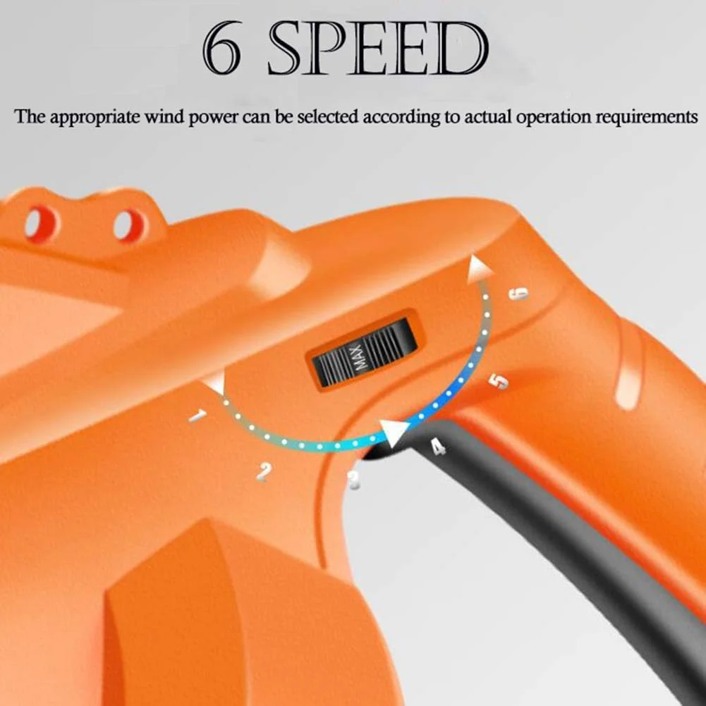 دستگاه دمنده، مکنده و خردکن برقی برگ 3 در 1 مناسب برای تمیز کردن چمن باغ، دارای کیسه جمع آوری 35 لیتری و چرخ، تنظیم سرعت 6 حالته، نارنجی