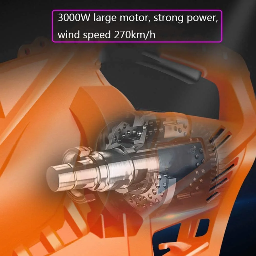 دستگاه دمنده، مکنده و خردکن برقی برگ 3 در 1 مناسب برای تمیز کردن چمن باغ، دارای کیسه جمع آوری 35 لیتری و چرخ، تنظیم سرعت 6 حالته، نارنجی