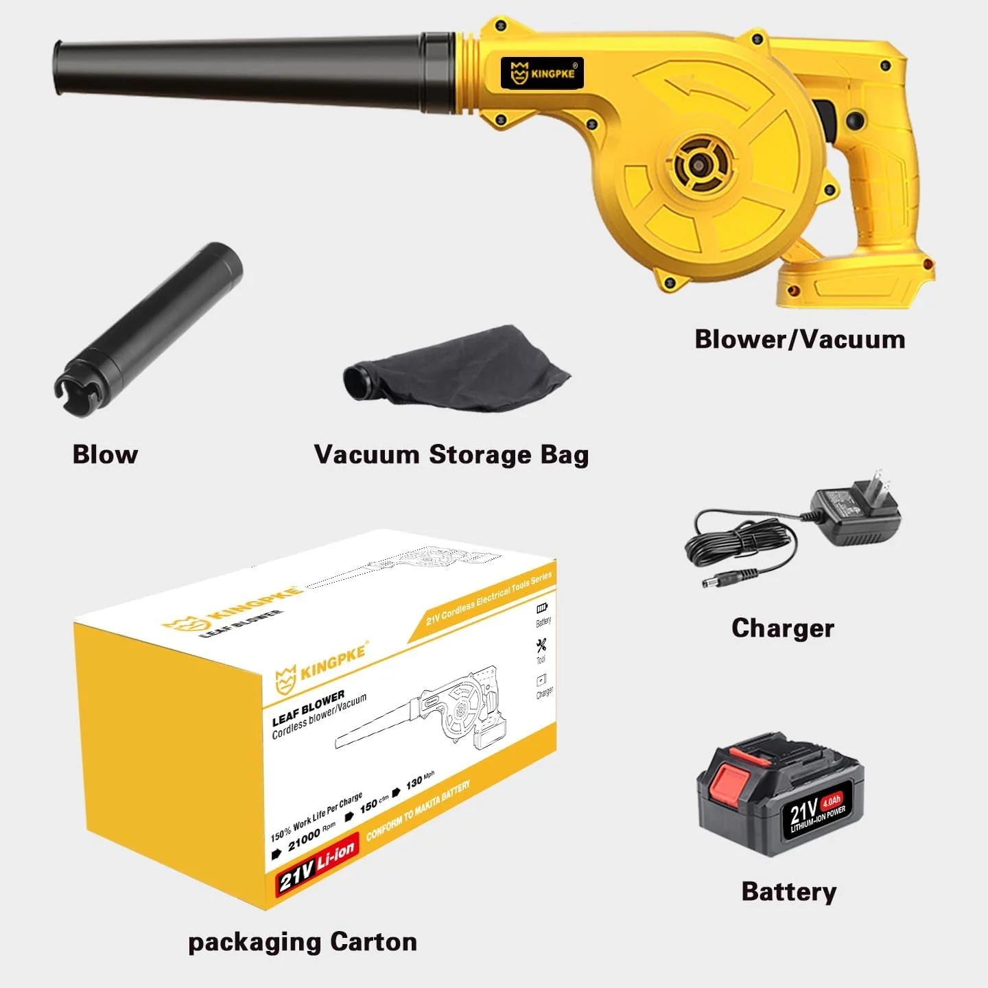دمنده برگ بی سیم KINGPKE با باتری و شارژر، دمنده برگ برقی 21 ولت 4.0 آمپر ساعتی، دمنده و مکنده کوچک قابل حمل 2 در 1 برای مراقبت از چمن، دمیدن گرد و غبار/برف (زرد)