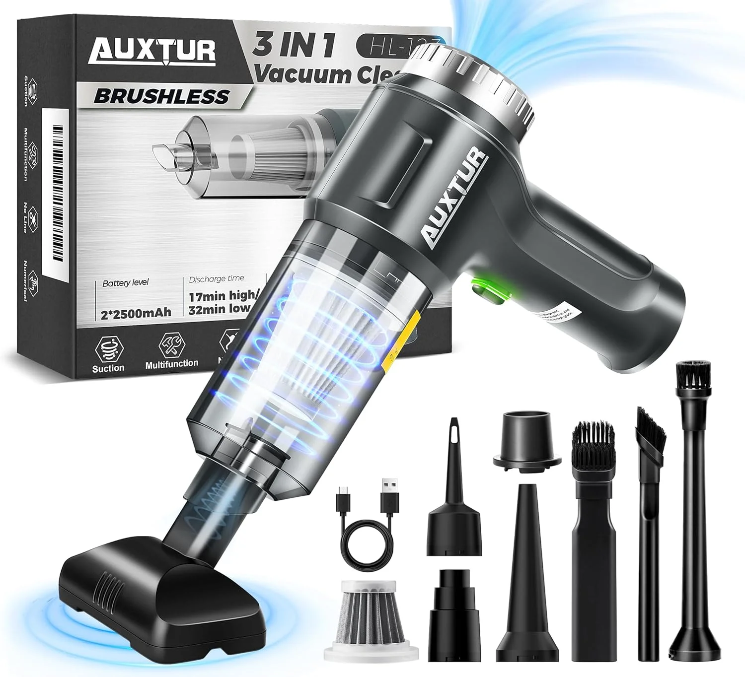 جاروبرقی دستی آکستور، بدون سیم - جاروبرقی خودرو 3 در 1 با قدرت بالا - موتور براشلس 12000PA، مکش فوق العاده قوی - کابل دار - تمیز کننده کوچک، قابل حمل و شارژی برای خودرو